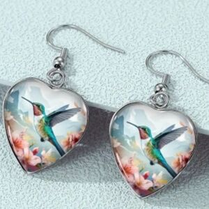Animal Print Gift Colorful‎ Heart-Shaped Hummingbird Crystal Glass Earrings